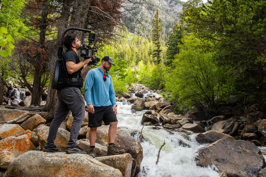 Behind the scenes — filming at a mountain stream