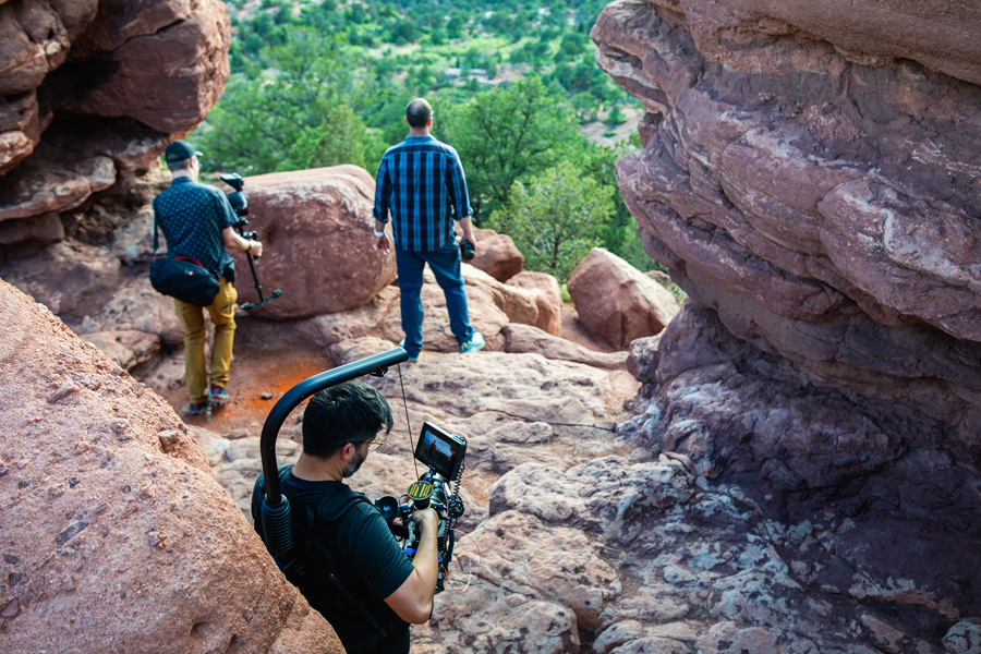 Behind the scenes — filming among red rock formations